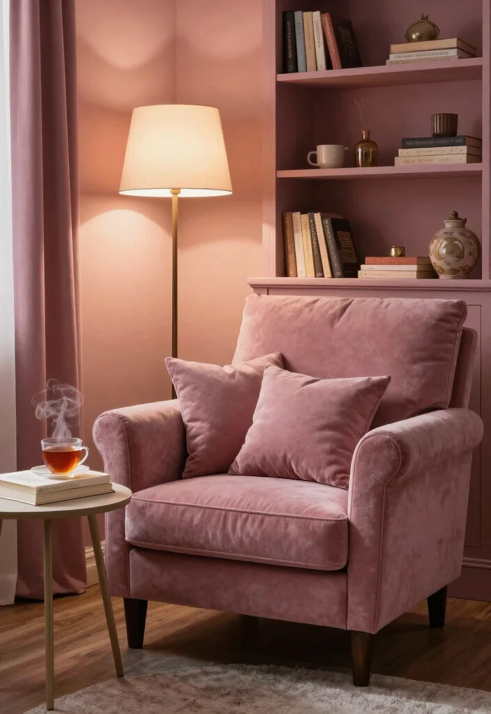 12 Dusty Rose Bedroom Ideas with Soft Romantic Tone 5. Create a Cozy Reading Nook 0