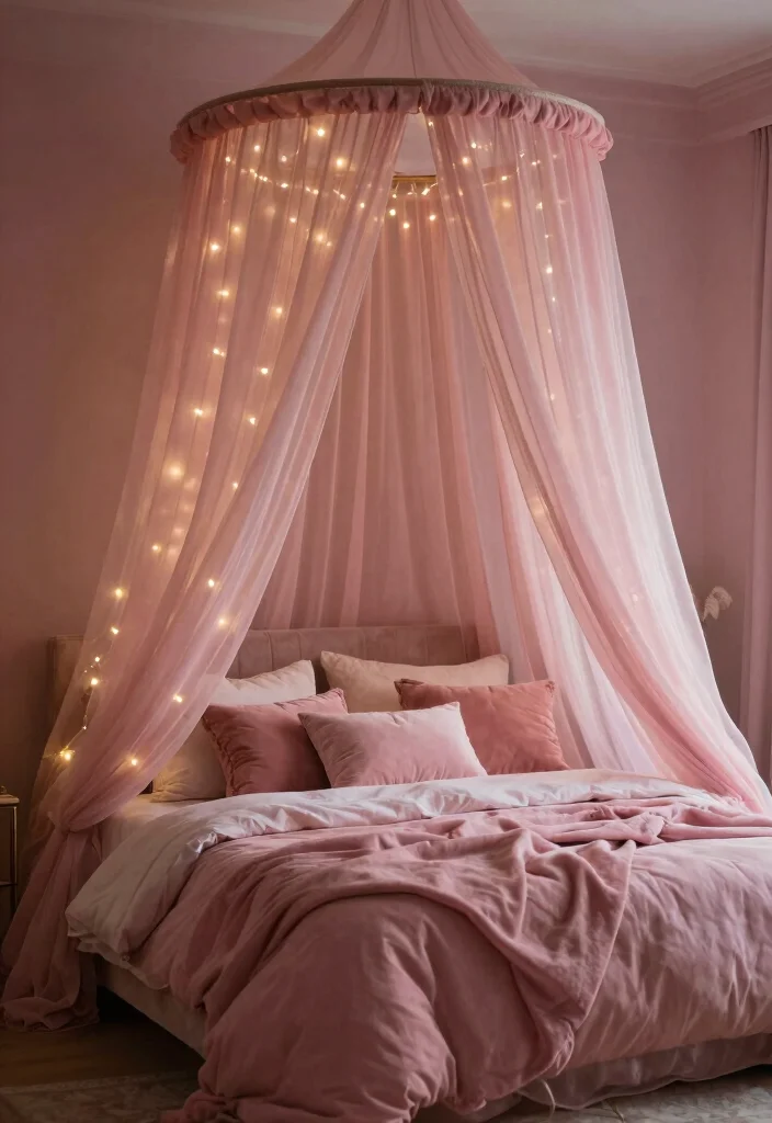 12 Dusty Rose Bedroom Ideas with Soft Romantic Tone 7. Whimsical Dusty Rose Canopy Bed 0