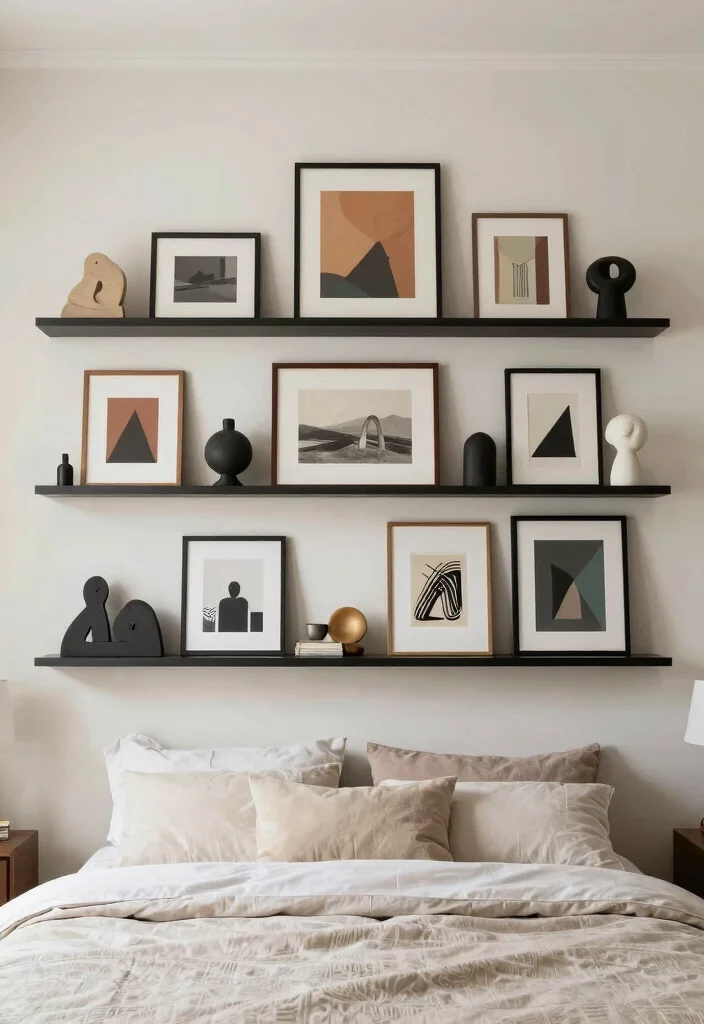 12 Floating Shelf Bedroom Ideas for Storage and Display 11. Art Display Floating Shelves 0