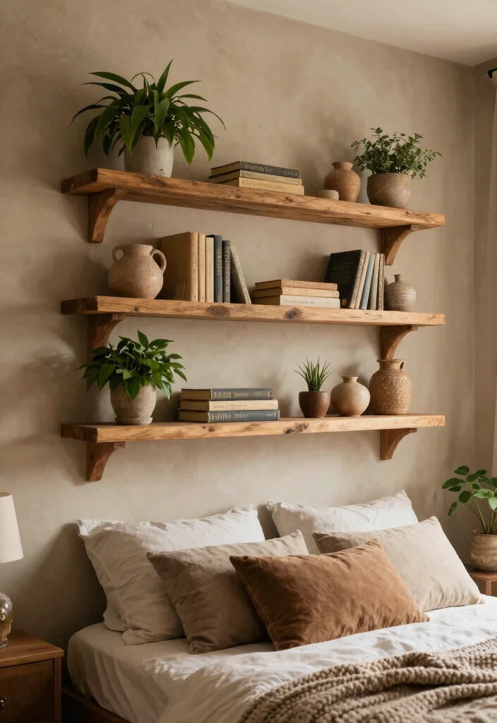 12 Floating Shelf Bedroom Ideas for Storage and Display 2. Rustic Wood Floating Shelves 0
