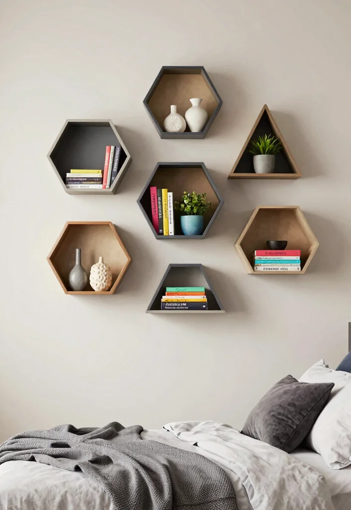 12 Floating Shelf Bedroom Ideas for Storage and Display 3. Geometric Floating Shelves 0