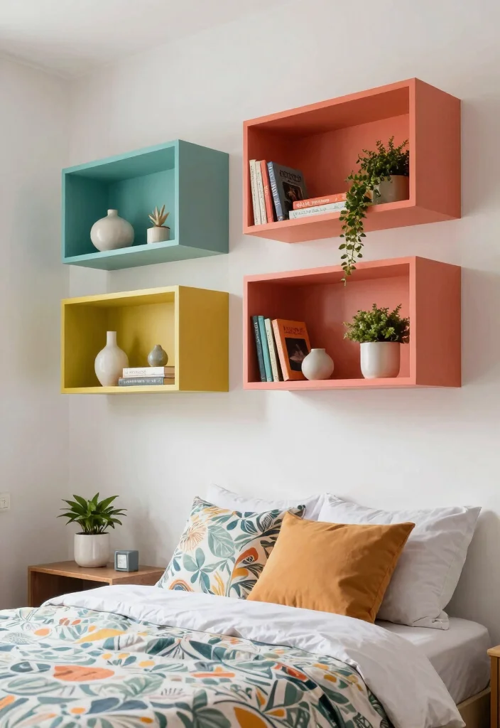 12 Floating Shelf Bedroom Ideas for Storage and Display 6. Colorful Floating Shelves 0