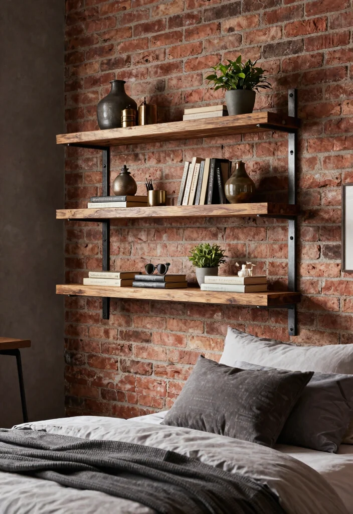 12 Floating Shelf Bedroom Ideas for Storage and Display 7. Industrial Style Floating Shelves 0