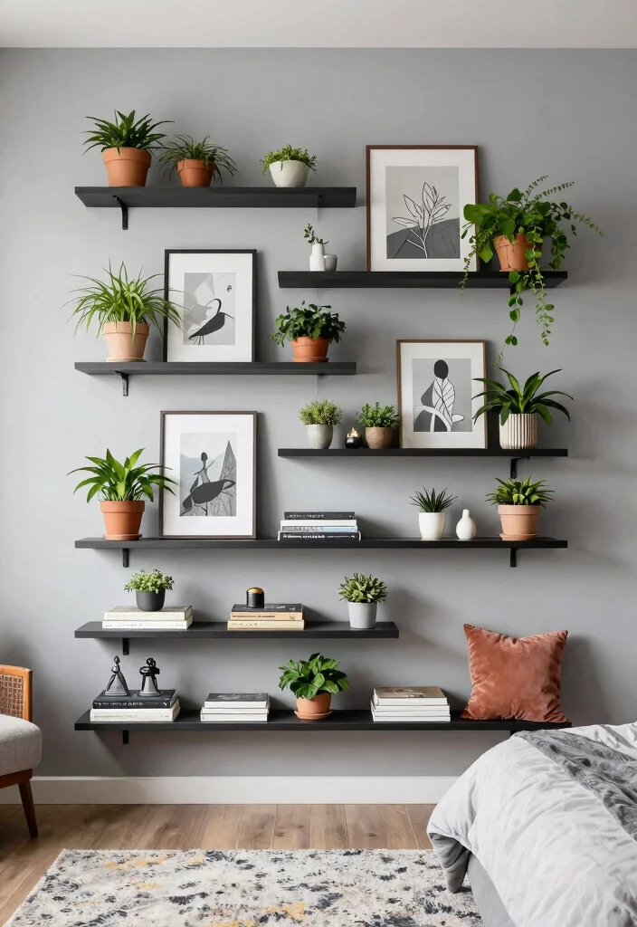 12 Floating Shelf Bedroom Ideas for Storage and Display 8. Layered Floating Shelves 0