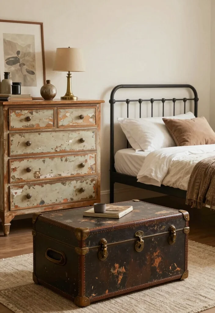 12 Grunge Bedroom Ideas with Edgy Personality 4. Distressed Furniture Finds 0