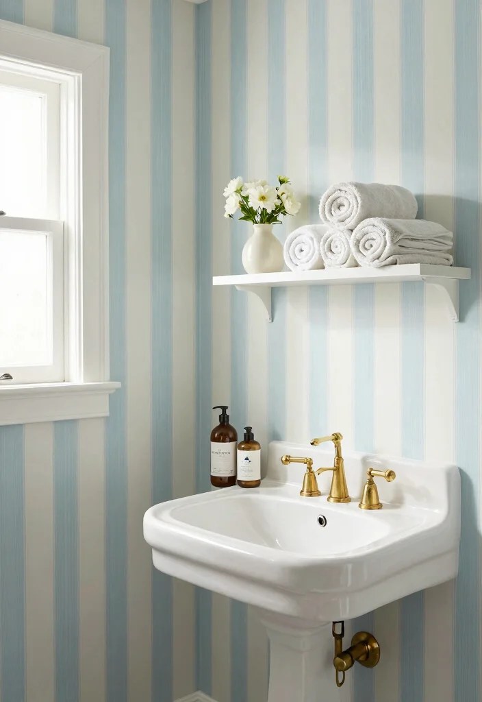 12 Guest Bathroom Wallpaper Ideas with Subtle Pattern Style 3. Soft Stripes for a Touch of Classic 0