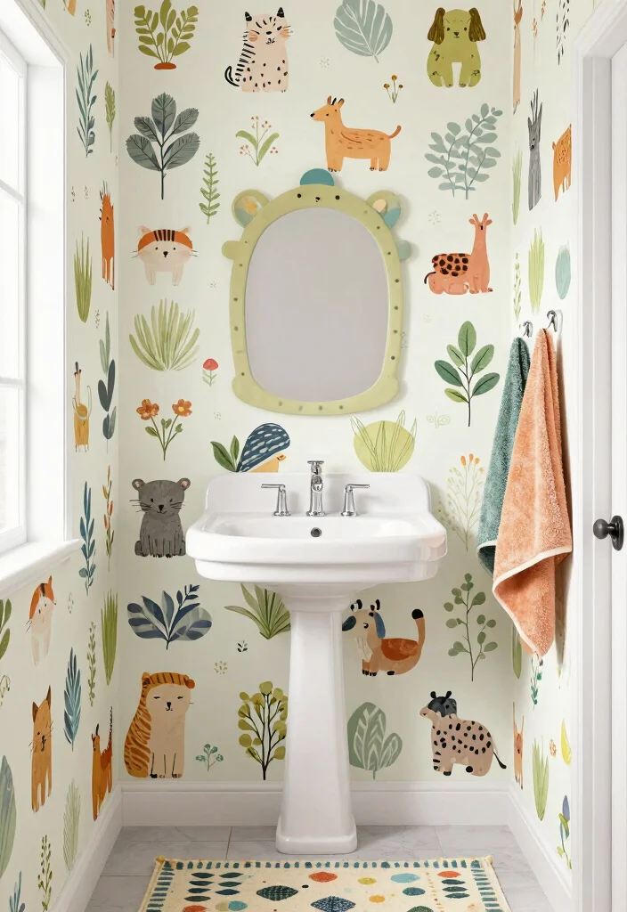 12 Guest Bathroom Wallpaper Ideas with Subtle Pattern Style 6. Whimsical Illustrations for a Fun Twist 0