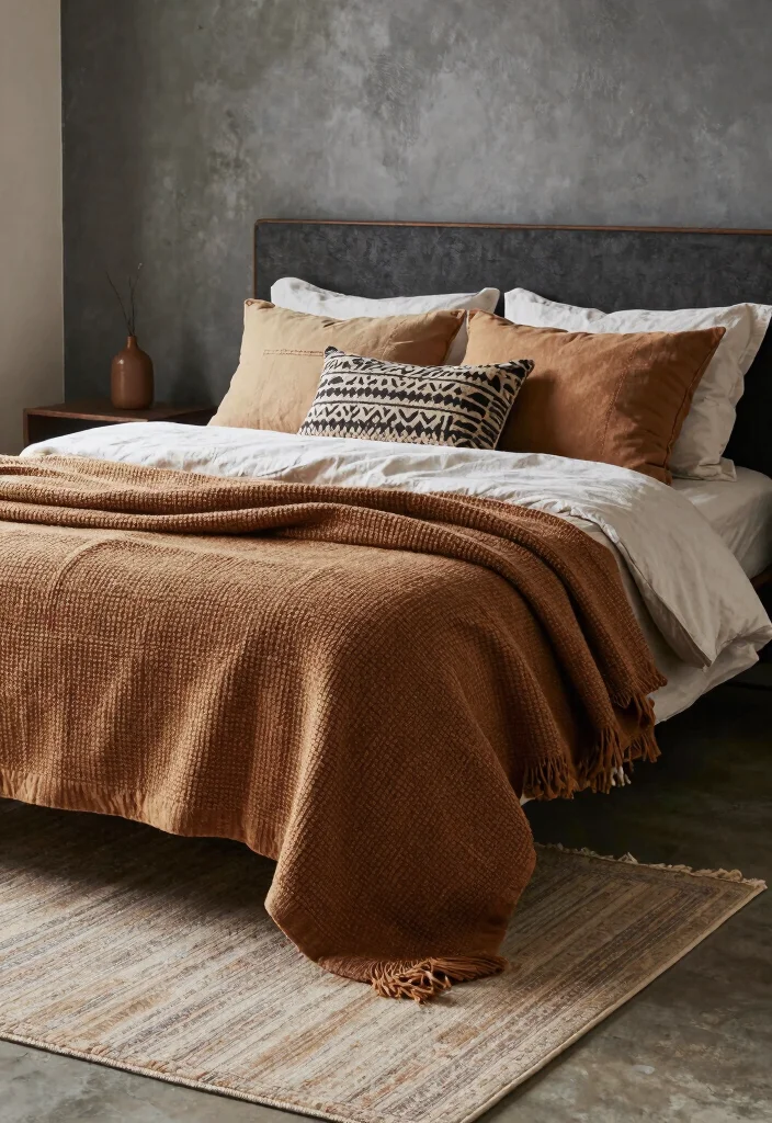 12 Industrial Bedroom Ideas with Raw Modern Texture 5. Rustic Textiles 0