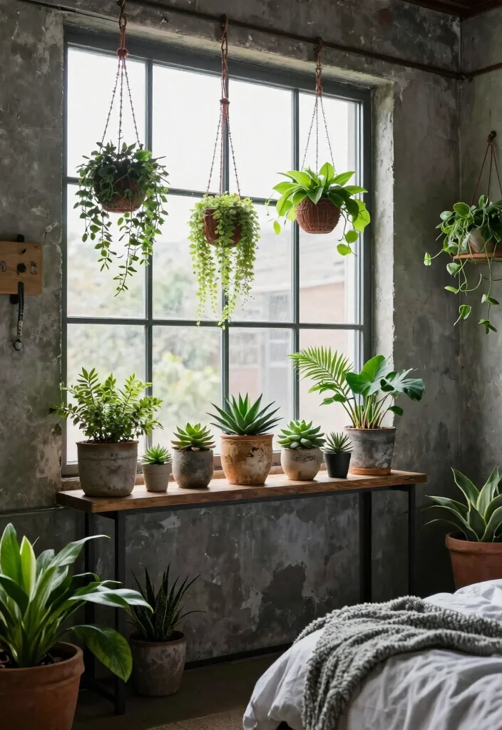 12 Industrial Bedroom Ideas with Raw Modern Texture 8. Industrial Plant Decor 0