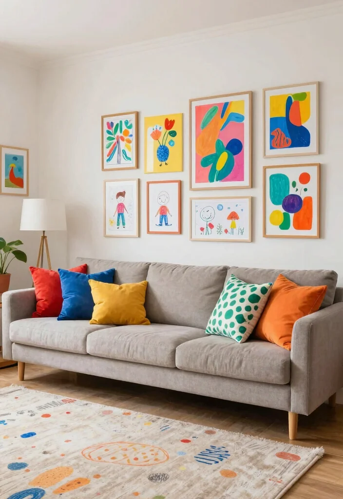 12 Kid Friendly Living Room Ideas with Durable Style 7. Playful Artwork 0