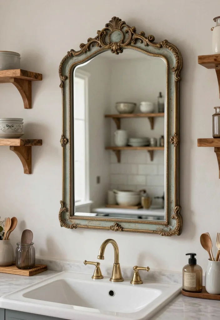 12 Kitchen Mirror Ideas to Reflect Light and Space 10. Vintage Bathroom Mirrors in the Kitchen 0
