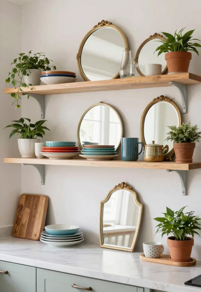12 Kitchen Mirror Ideas to Reflect Light and Space 11. Vintage Mirror Accents in Open Shelving 0