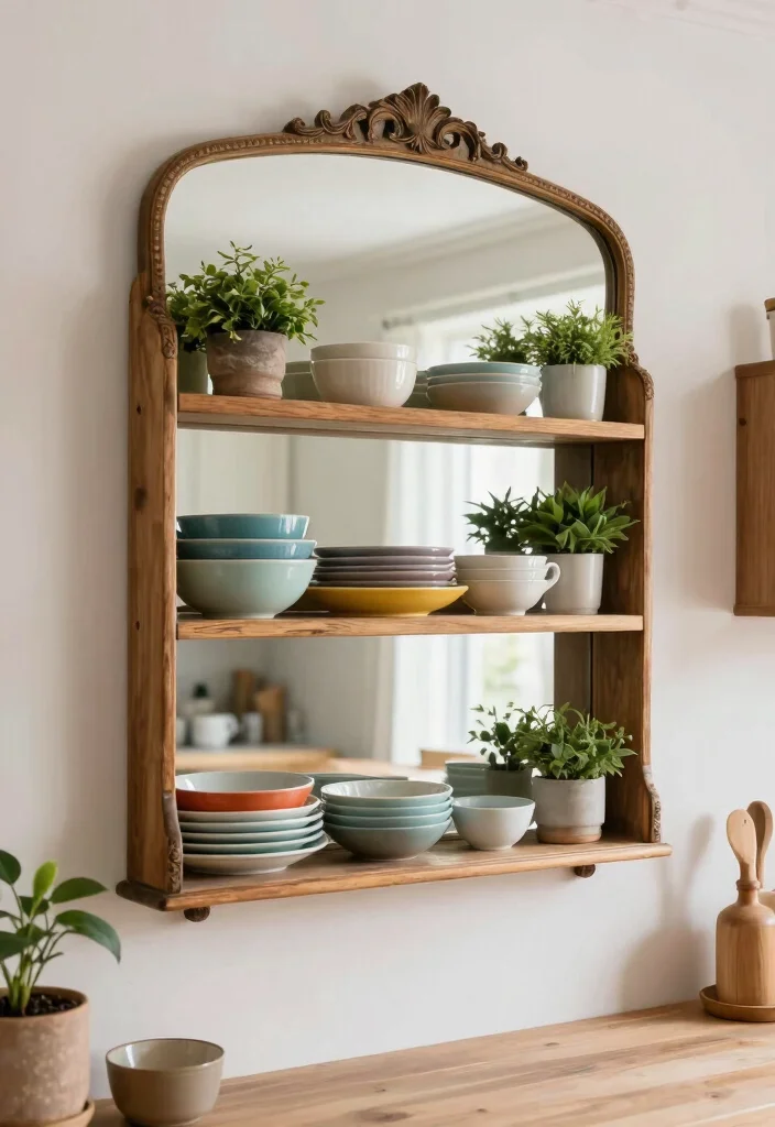 12 Kitchen Mirror Ideas to Reflect Light and Space 8. Vintage Mirror Frames with Shelves 0
