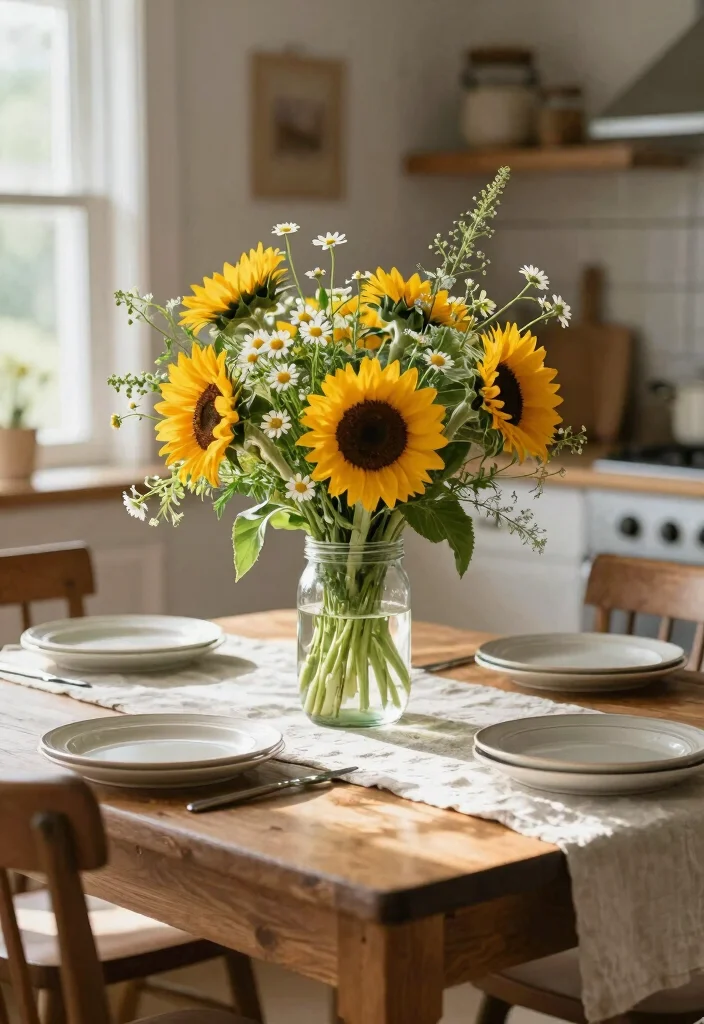 12 Kitchen Table Decor Ideas for Everyday Styling 1. Centerpiece of Fresh Flowers 0