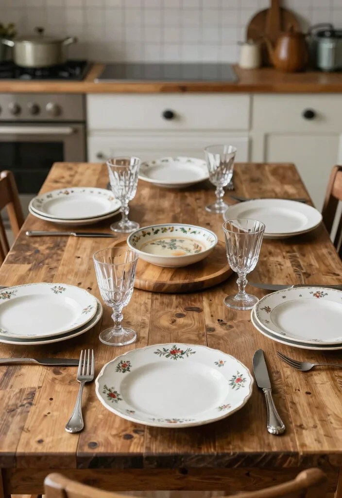 12 Kitchen Table Decor Ideas for Everyday Styling 2. Vintage Tableware 0