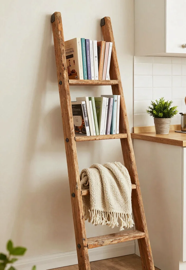 12 Kitchen Wall Decorating Ideas for a Finished Look 11. Rustic Ladder Displays 0