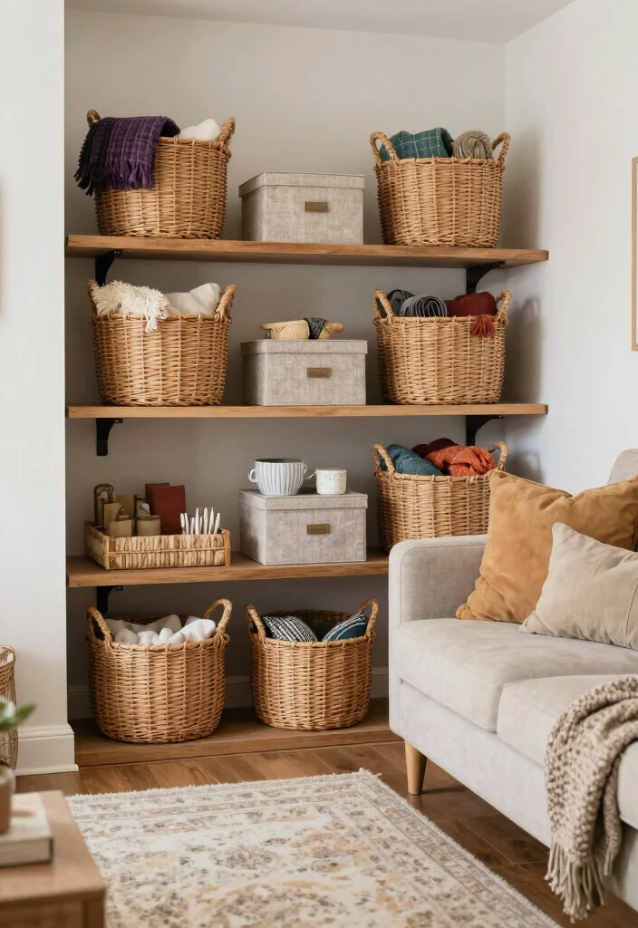 12 Living Room Closet Ideas for Hidden Storage 6. Decorative Baskets and Boxes 0