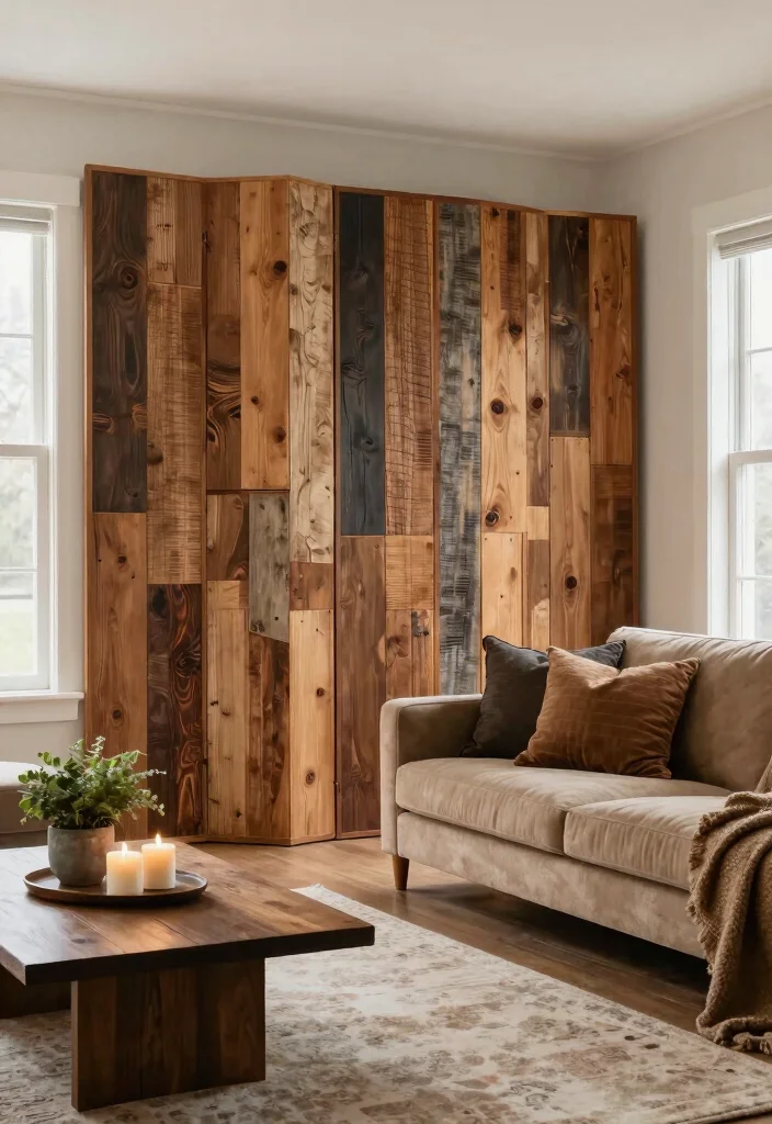 12 Living Room Partition Ideas to Define Open Spaces 2. Reclaimed Wood Panels 0