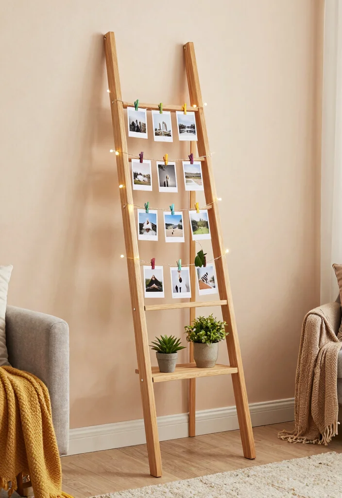 12 Living Room Photo Wall Ideas for Personal Decor 10. Photo Ladder Display 0