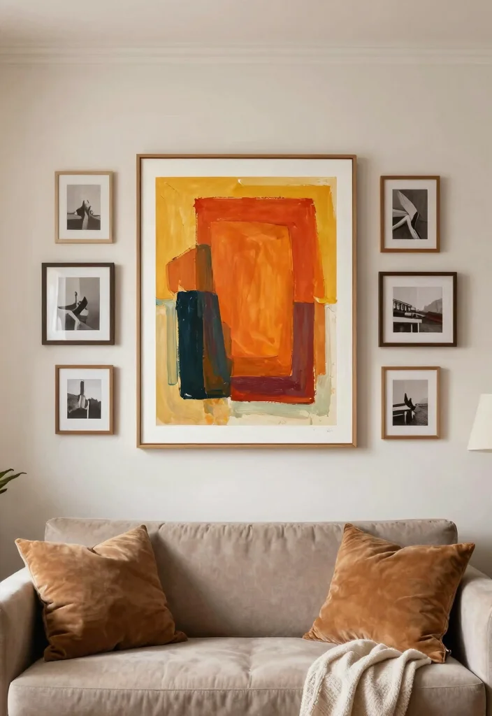 12 Living Room Photo Wall Ideas for Personal Decor 11. Statement Wall with Large Art 0