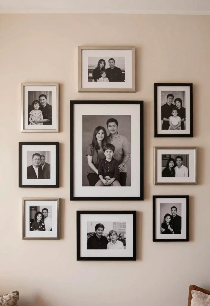 12 Living Room Photo Wall Ideas for Personal Decor 2. Themed Photo Display 0