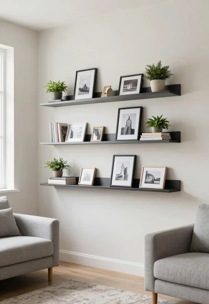 12 Living Room Photo Wall Ideas for Personal Decor 3. Floating Shelves for a Modern Touch 0