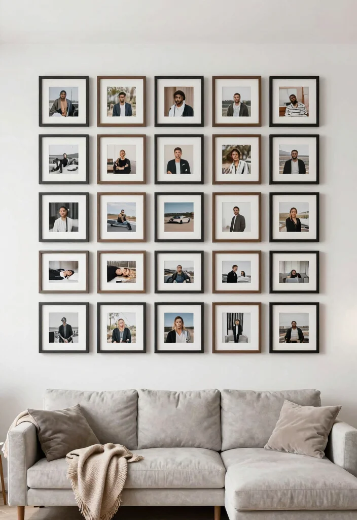 12 Living Room Photo Wall Ideas for Personal Decor 4. Grid Layout for Symmetry 0