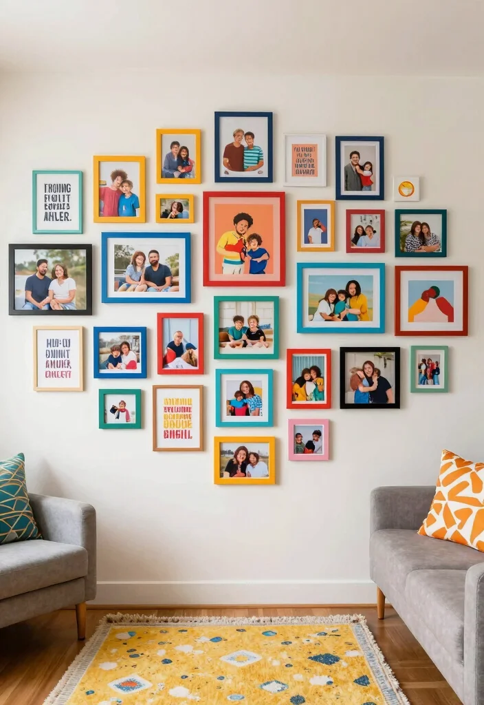 12 Living Room Photo Wall Ideas for Personal Decor 5. A Colorful Collage 0