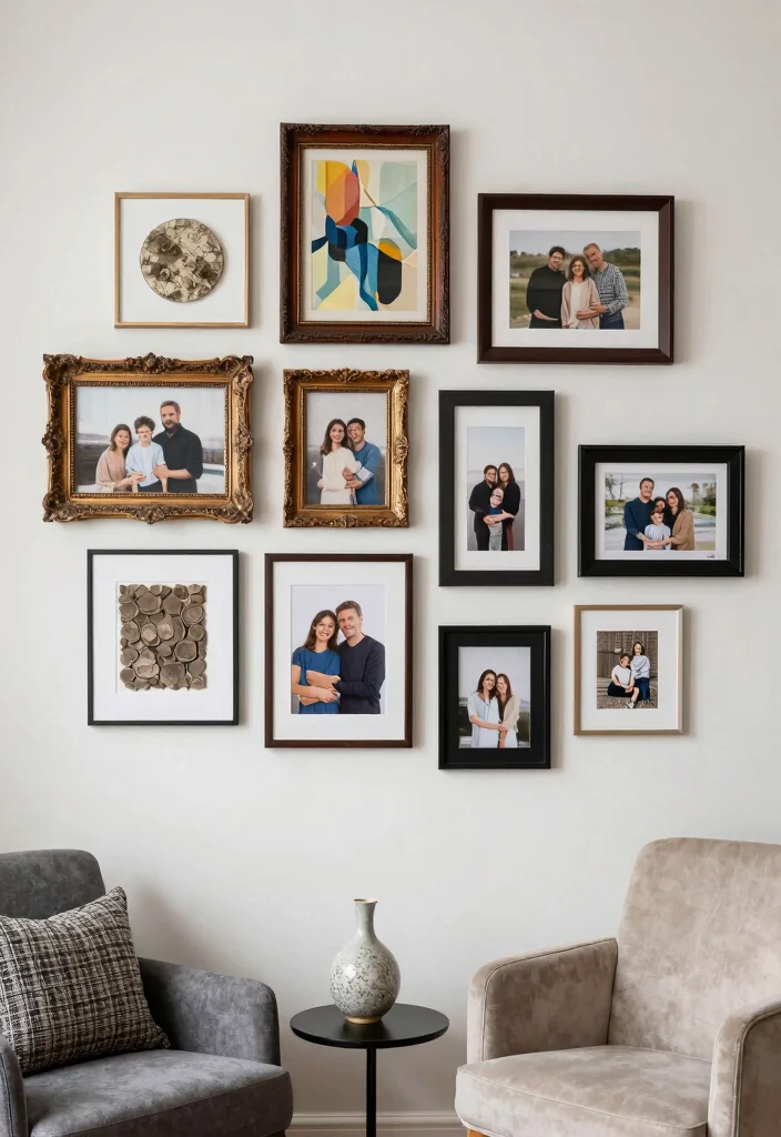 12 Living Room Photo Wall Ideas for Personal Decor 6. Artistic Frame Displays 0