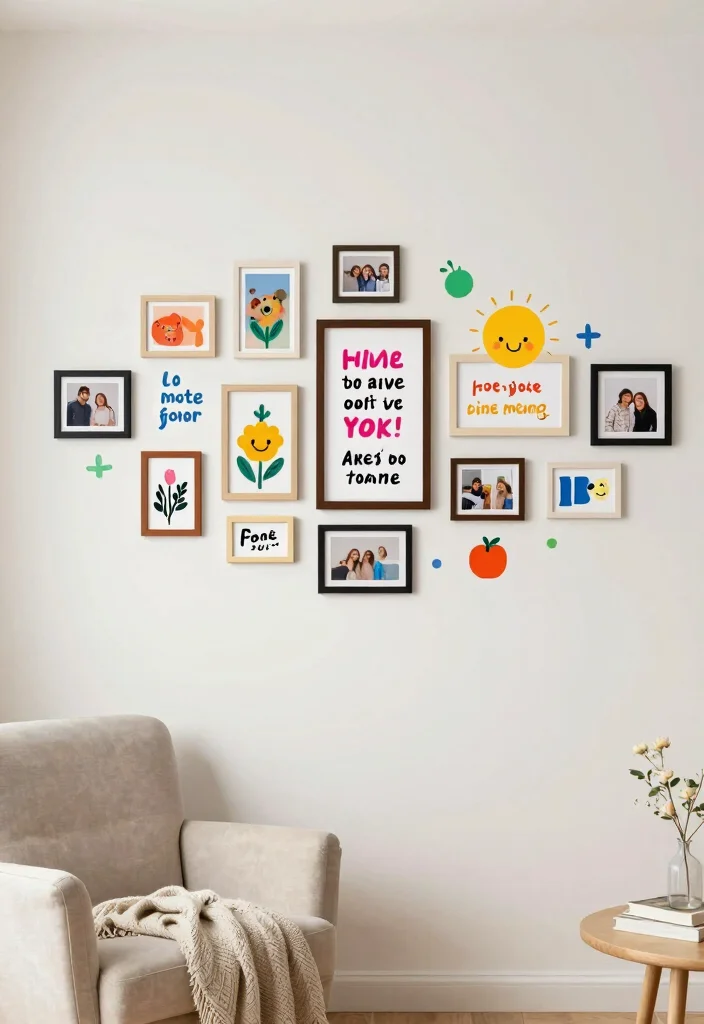 12 Living Room Photo Wall Ideas for Personal Decor 7. Wall Decals and Photos 0