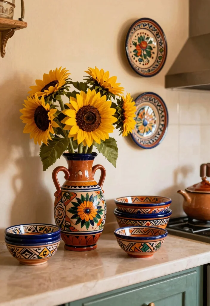 12 Mexican Kitchen Decor Ideas with Colorful Character 5. Traditional Pottery Decor 0