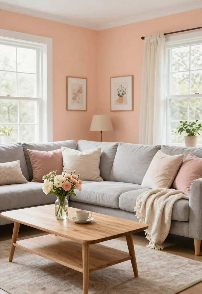 12 Pastel Living Room Ideas with Gentle Color 1. Soft Peach Accents 0