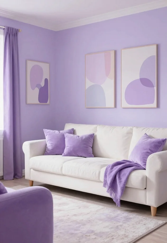 12 Pastel Living Room Ideas with Gentle Color 3. Pale Lavender Inspirations 0