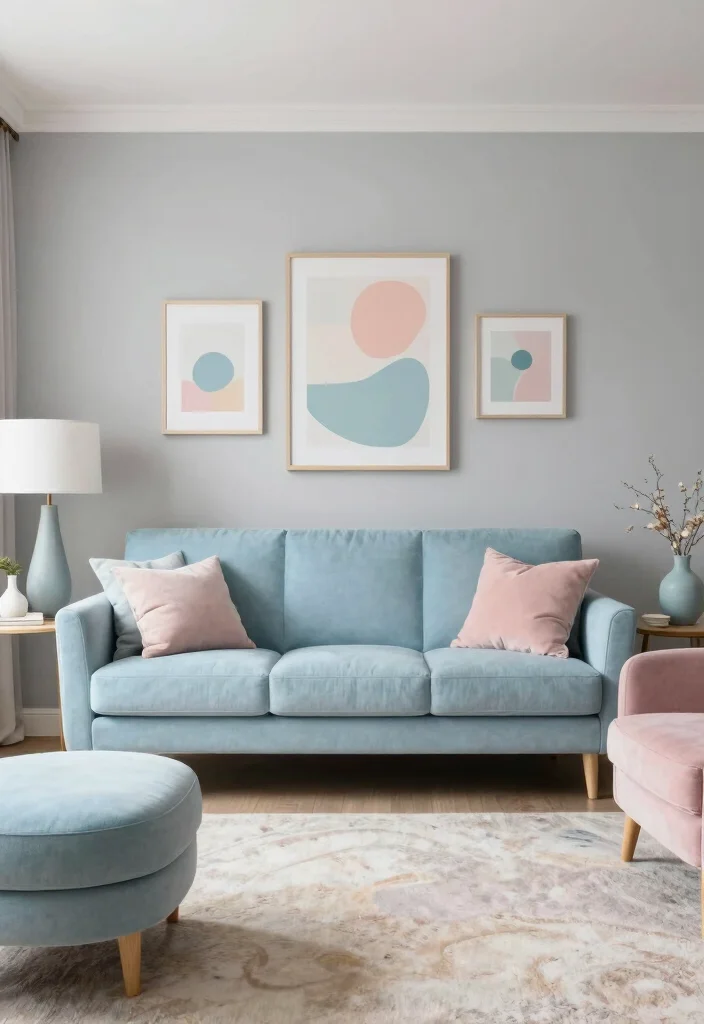 12 Pastel Living Room Ideas with Gentle Color 7. Soft Grey with Pastel Pops 0