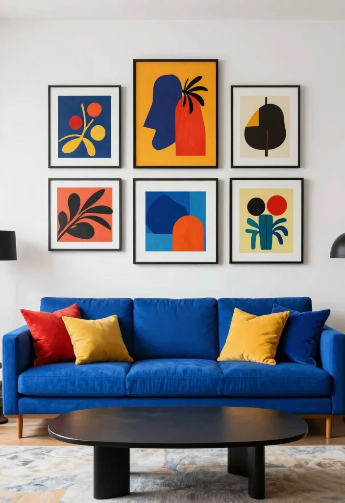 12 Royal Blue Couch Living Room Ideas with Bold Style 3. Bold Art Statements 0