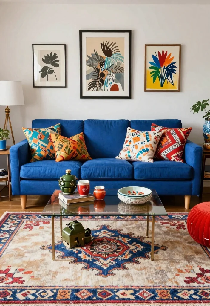 12 Royal Blue Couch Living Room Ideas with Bold Style 4. Eclectic Mix Match 0