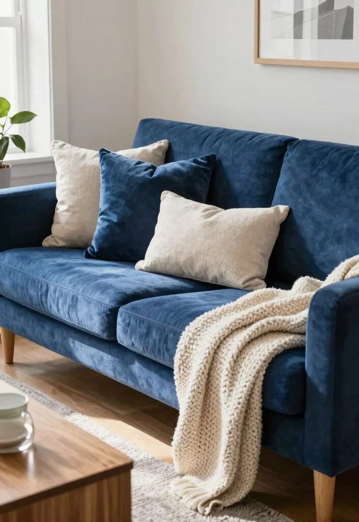 12 Royal Blue Couch Living Room Ideas with Bold Style 6. Layered Textures 0