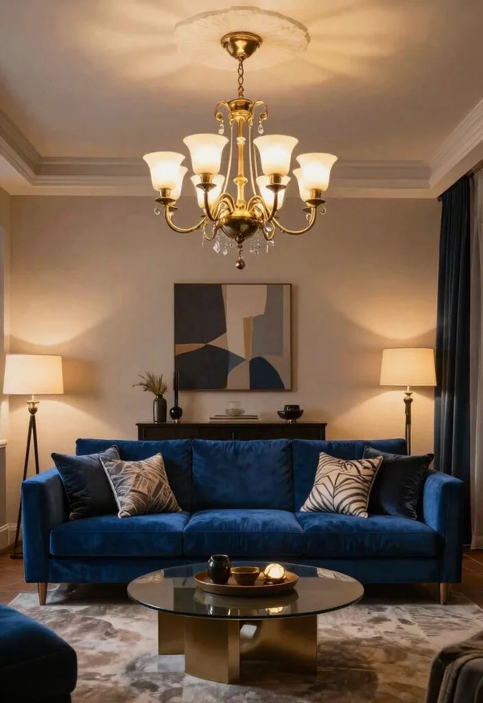 12 Royal Blue Couch Living Room Ideas with Bold Style 7. Statement Lighting 0