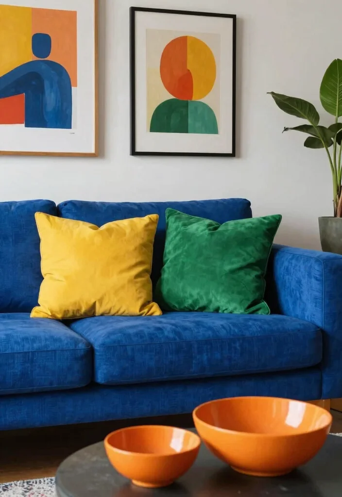 12 Royal Blue Couch Living Room Ideas with Bold Style 8. Colorful Accents 0