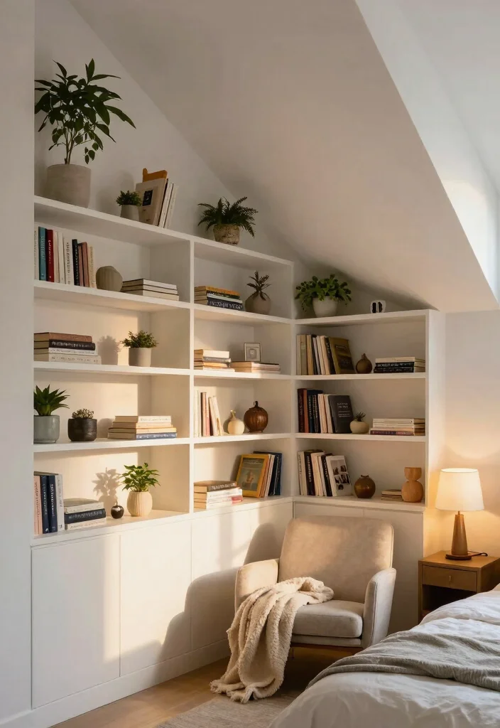 12 Slanted Ceiling Bedroom Ideas That Use Every Inch 1. Built In Shelves for Maximum Storage 0