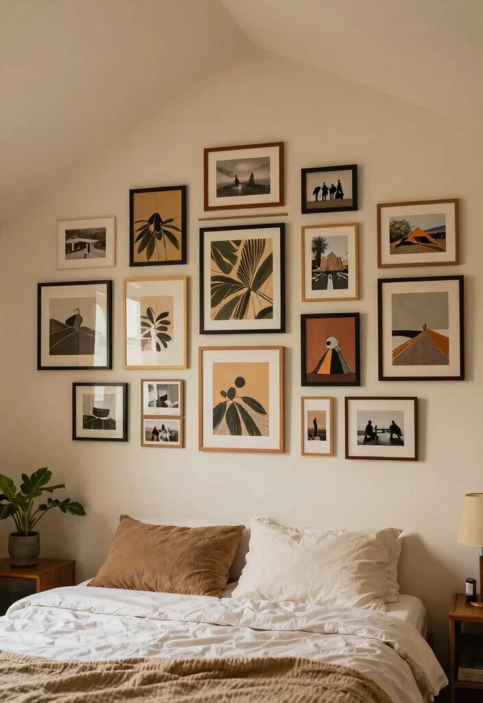 12 Slanted Ceiling Bedroom Ideas That Use Every Inch 11. Personal Gallery Wall 0