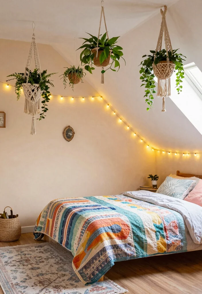 12 Slanted Ceiling Bedroom Ideas That Use Every Inch 4. Utilize Vertical Space with Hanging Decor 0