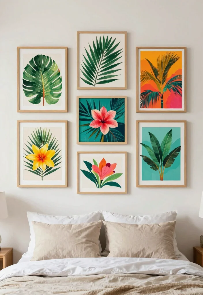 12 Tropical Bedroom Ideas for a Fresh Relaxed Mood 4. Colorful Wall Art Tropical Prints and Patterns 0