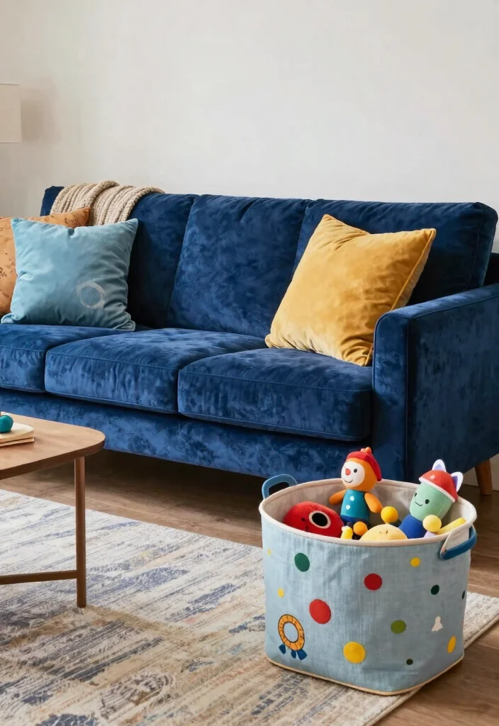 12 Velvet Couch Living Room Ideas with Rich Texture 10. Family Friendly Styling 0