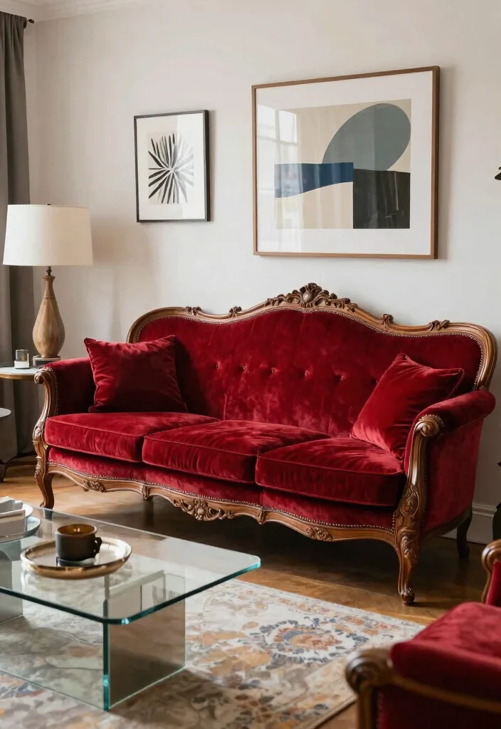 12 Velvet Couch Living Room Ideas with Rich Texture 11. Vintage Charm 0