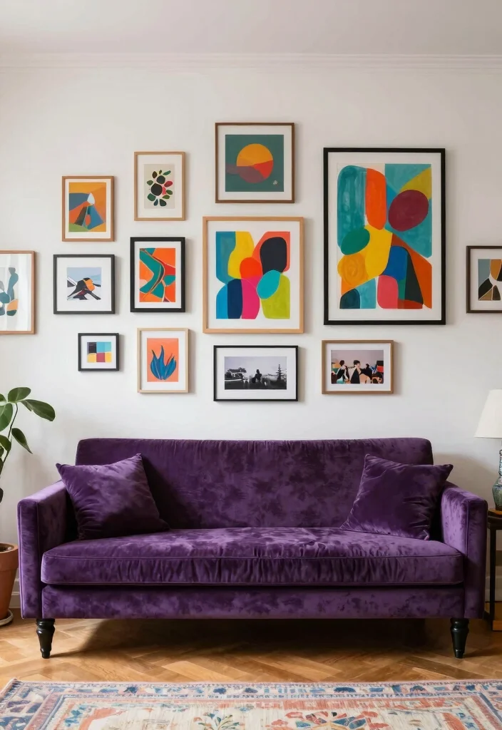 12 Velvet Couch Living Room Ideas with Rich Texture 4. Artistic Backdrops 0