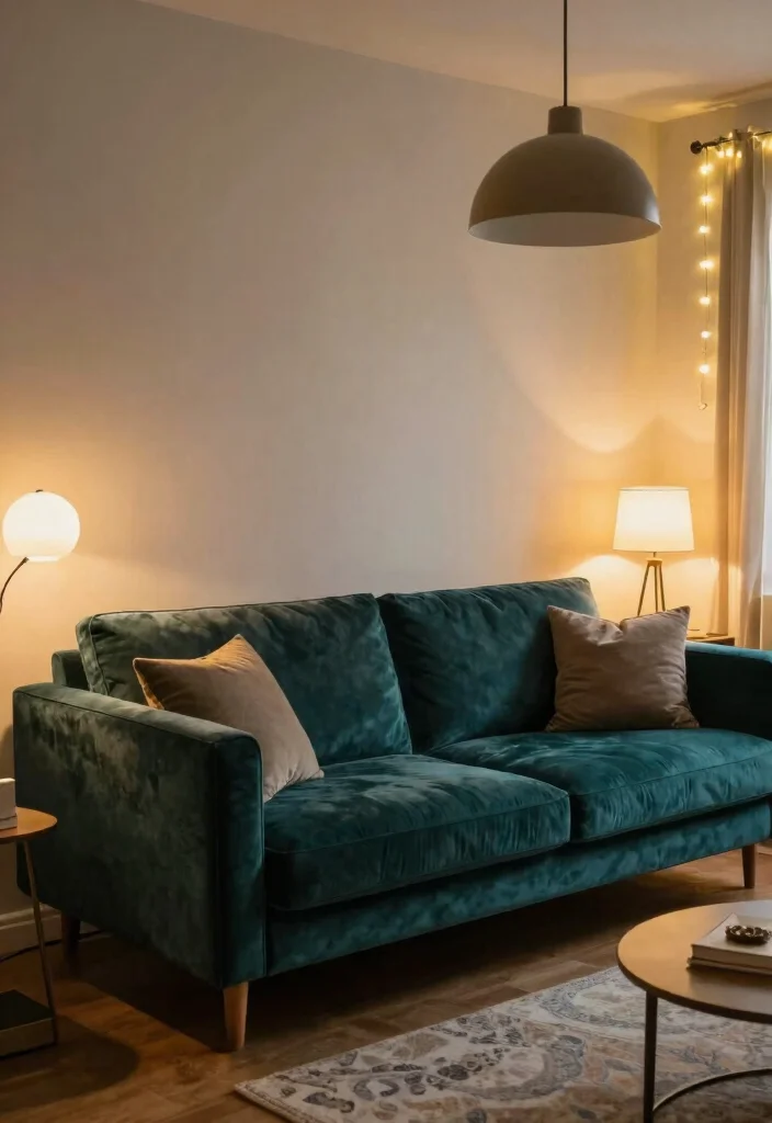 12 Velvet Couch Living Room Ideas with Rich Texture 5. Layered Lighting 0