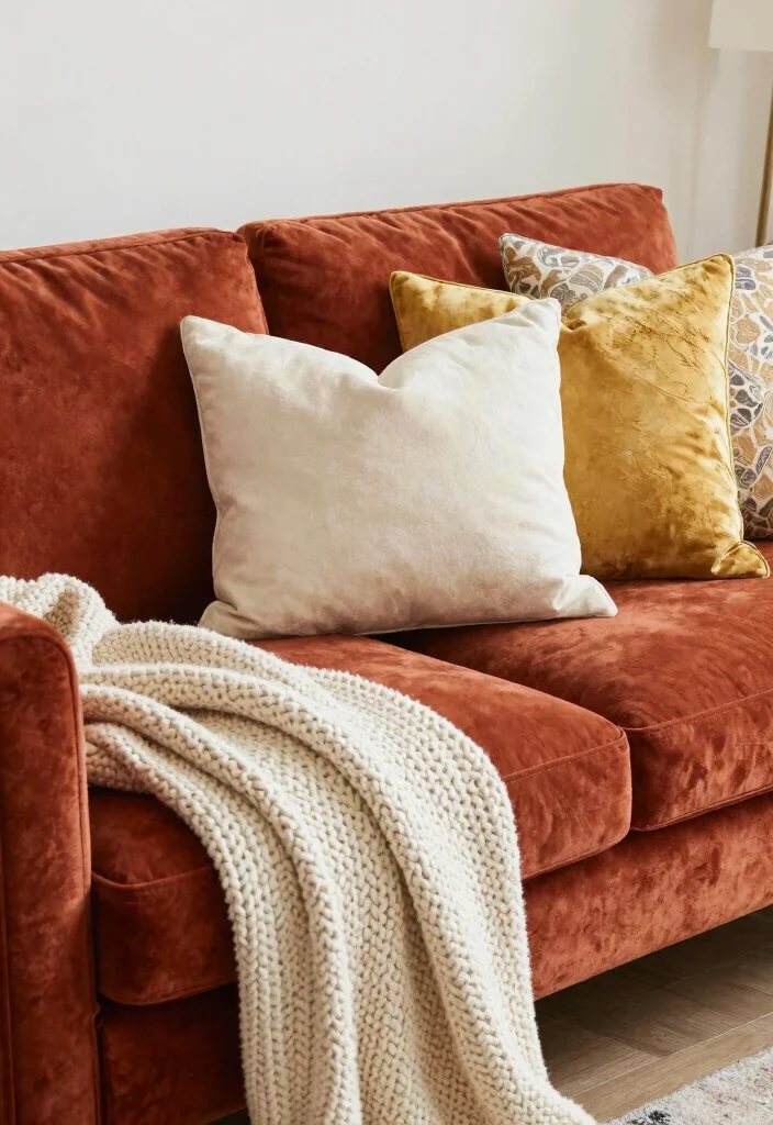 12 Velvet Couch Living Room Ideas with Rich Texture 8. Accent Pillows and Throws 0