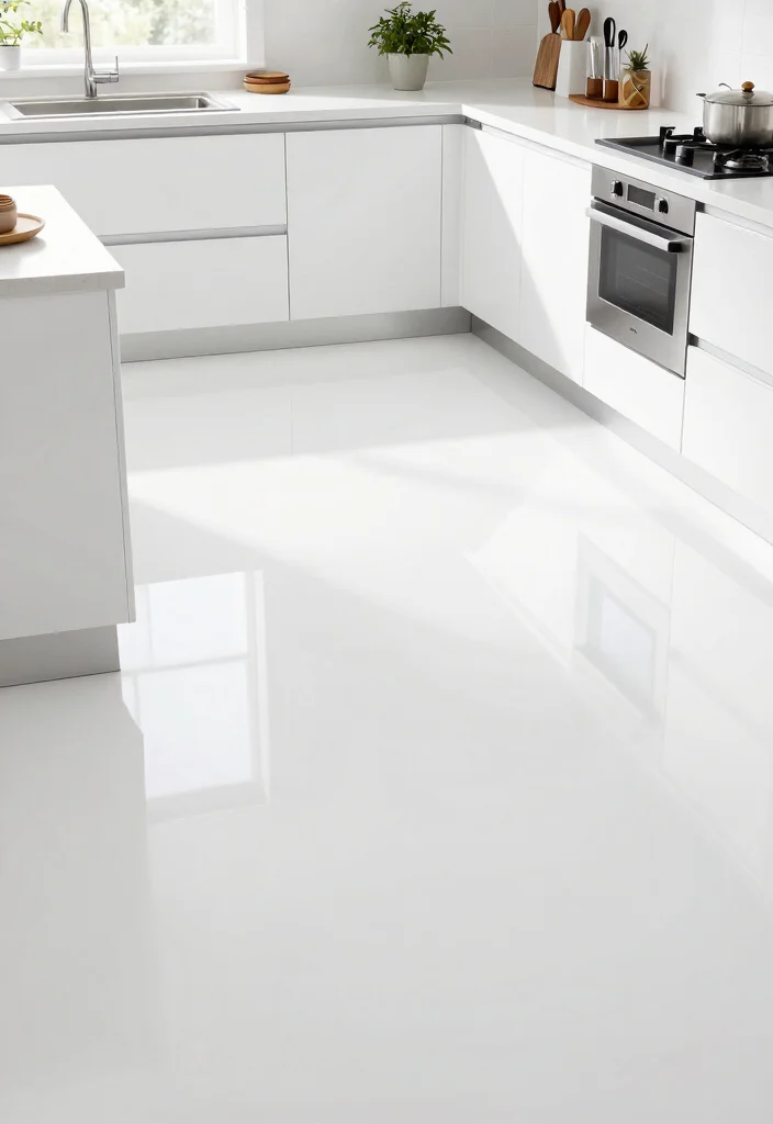 12 White Kitchen Flooring Ideas for a Clean Base 10. Sleek White Epoxy Flooring 0