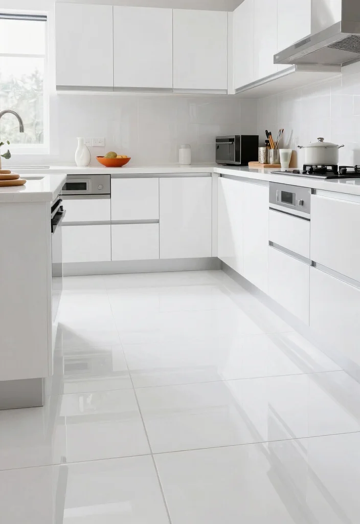 12 White Kitchen Flooring Ideas for a Clean Base 7. Glossy White Porcelain Tile 0